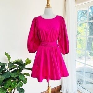 💋Anthropologie hot pink puffed sleeves mini dress size xs